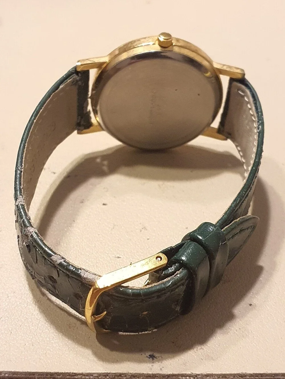 Vtg TMZ Quartz Goldtone/Green Leather Billards Men's Watch